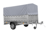 Einachsiger Anhänger auf Blattfedern 264×150 UNITRAILER GARDEN 265/R KIPP mit BIS-Seitenwänden, H-800-Rahmen und grauer Plane-Neu