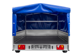 Einachsiger Anhänger auf Blattfedern 264×150 UNITRAILER GARDEN 265/R KIPP mit H-800 Rahmen und blauer Plane-Neu