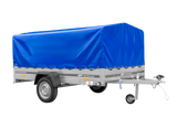 Einachsiger Anhänger auf Blattfedern 264×150 UNITRAILER GARDEN 265/R KIPP mit H-800 Rahmen und blauer Plane-Neu