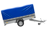 Einachsiger Anhänger mit Blattfedern 264×125 UNITRAILER FORCE 264/R KIPP mit H-800 Spriegel und blauer Plane-Neu