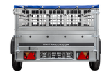 Leichter Anhänger auf Blattfedern 230×125 UNITRAILER GARDEN 230/R KIPP mit Gitterwänden, H-0-Rahmen und blauer Plane-Neu
