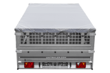Leichter Anhänger auf Blattfedern 264×150 UNITRAILER GARDEN 265/R KIPP mit Gitterwänden, H-0 Rahmen und grauer Plane-Neu