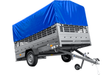 PKW-Anhänger 264×150 UNITRAILER GARDEN 265 KIPP mit Gitteraufsatz, Hochspriegel H-800 und blauer Plane-Neu