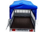 PKW-Anhänger 264×150 UNITRAILER GARDEN 265 KIPP mit Gitteraufsatz, Hochspriegel H-800 und blauer Plane-Neu