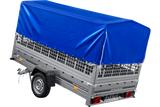 PKW-Anhänger 264×150 UNITRAILER GARDEN 265 KIPP mit Gitteraufsatz, Hochspriegel H-800 und blauer Plane-Neu