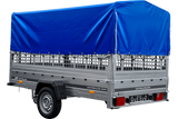 PKW-Anhänger 264×150 UNITRAILER GARDEN 265 KIPP mit Gitteraufsatz, Hochspriegel H-800 und blauer Plane-Neu