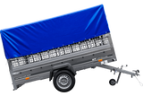 PKW-Anhänger 264×150 UNITRAILER GARDEN 265 KIPP mit Gitteraufsatz, Hochspriegel H-800 und blauer Plane-Neu