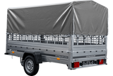 PKW-Anhänger 264×150 UNITRAILER GARDEN 265 KIPP mit Gitteraufsatz, Hochspriegel H-800 und grauer Plane-Neu