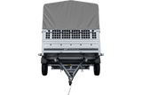 PKW-Anhänger 264×150 UNITRAILER GARDEN 265 KIPP mit Gitteraufsatz, Hochspriegel H-800 und grauer Plane-Neu