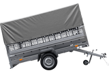 PKW-Anhänger 264×150 UNITRAILER GARDEN 265 KIPP mit Gitteraufsatz, Hochspriegel H-800 und grauer Plane-Neu