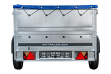 PKW-Anhänger auf Federn 230×125 UNITRAILER GARDEN 230/R KIPP mit BIS-Bordwänden, H-0-Rahmen und blauer Plane-Neu