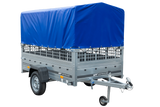 PKW-Anhänger auf Federn 230×125 UNITRAILER GARDEN 230/R KIPP mit Gitterwänden, H-800-Rahmen und blauer Plane-Neu