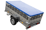 Pkw Transport Anhänger 230×125 Garden Trailer 230 KIPP mit Laubgitteraufsatz, blauer Flachplane und Stützrad-Neu