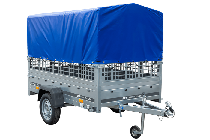 Planenanhänger 230×125 Garden Trailer 230 KIPP mit Laubgitteraufsatz, blauer Hochplane, Hochspriegel und Stützrad-Neu