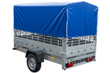 Planenanhänger 230×125 Garden Trailer 230 KIPP mit Laubgitteraufsatz, blauer Hochplane, Hochspriegel und Stützrad-Neu