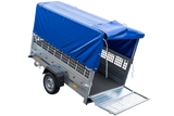 Planenanhänger 230×125 Garden Trailer 230 KIPP mit Laubgitteraufsatz, blauer Hochplane, Hochspriegel und Stützrad-Neu