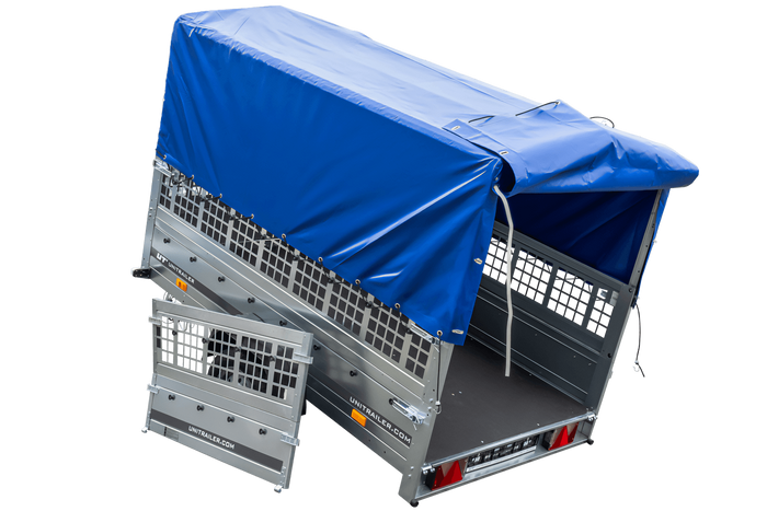 Planenanhänger 230×125 Garden Trailer 230 KIPP mit Laubgitteraufsatz, blauer Hochplane, Hochspriegel und Stützrad-Neu