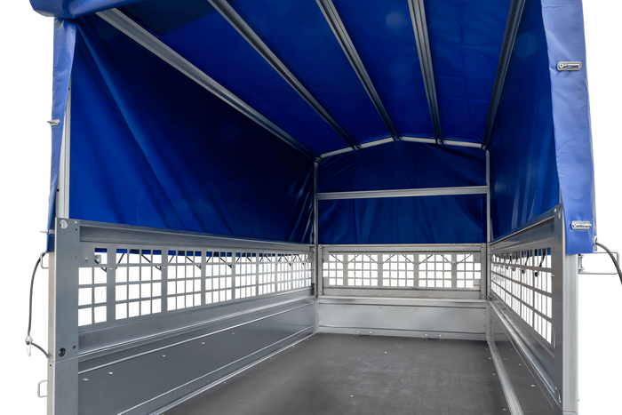 Planenanhänger 230×125 Garden Trailer 230 KIPP mit Laubgitteraufsatz, blauer Hochplane, Hochspriegel und Stützrad-Neu
