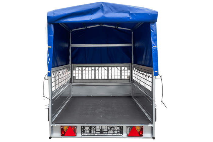 Planenanhänger 230×125 Garden Trailer 230 KIPP mit Laubgitteraufsatz, blauer Hochplane, Hochspriegel und Stützrad-Neu