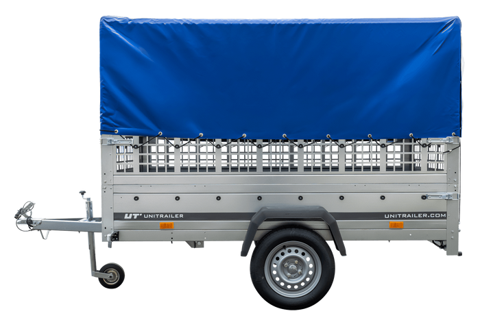 Planenanhänger 230×125 Garden Trailer 230 KIPP mit Laubgitteraufsatz, blauer Hochplane, Hochspriegel und Stützrad-Neu
