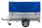 Planenanhänger 230×125 Garden Trailer 230 KIPP mit Laubgitteraufsatz, blauer Hochplane, Hochspriegel und Stützrad-Neu