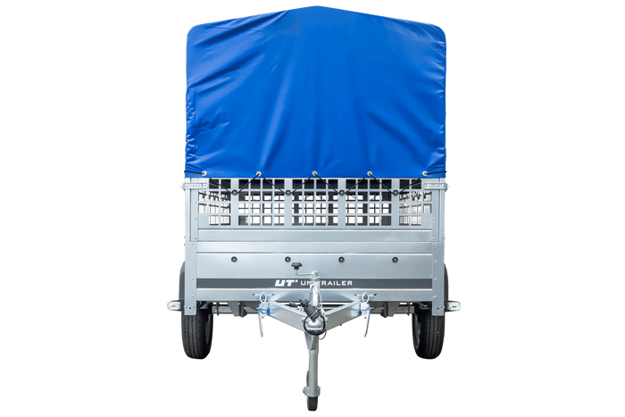Planenanhänger 230×125 Garden Trailer 230 KIPP mit Laubgitteraufsatz, blauer Hochplane, Hochspriegel und Stützrad-Neu