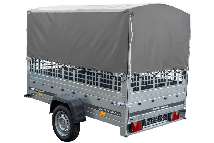 Planenanhänger 230×125 Garden Trailer 230 KIPP mit Laubgitteraufsatz, grauer Hochplane, Hochspriegel und Stützrad-Neu
