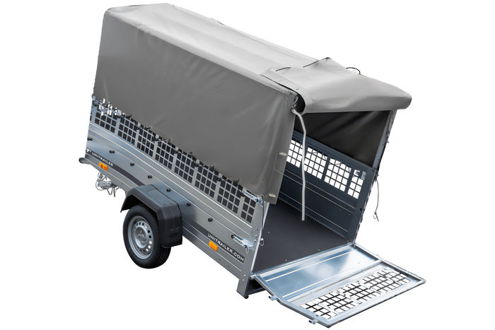 Planenanhänger 230×125 Garden Trailer 230 KIPP mit Laubgitteraufsatz, grauer Hochplane, Hochspriegel und Stützrad-Neu