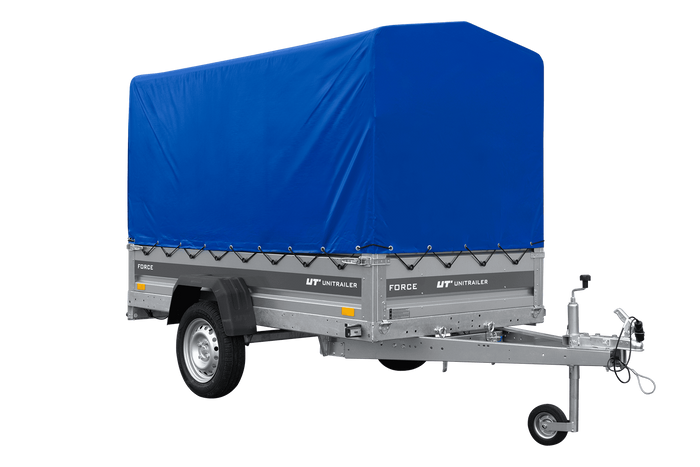 Ungebremster Anhänger 230×125 UNITRAILER FORCE 230 KIPP mit H-1100 Spriegel und blauer Hochplane-Neu