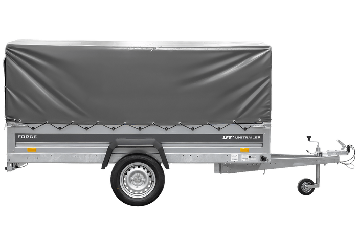 Ungebremster Anhänger 264×125 UNITRAILER FORCE 264 KIPP mit H-800 Spriegel und grauer Hochplane-Neu